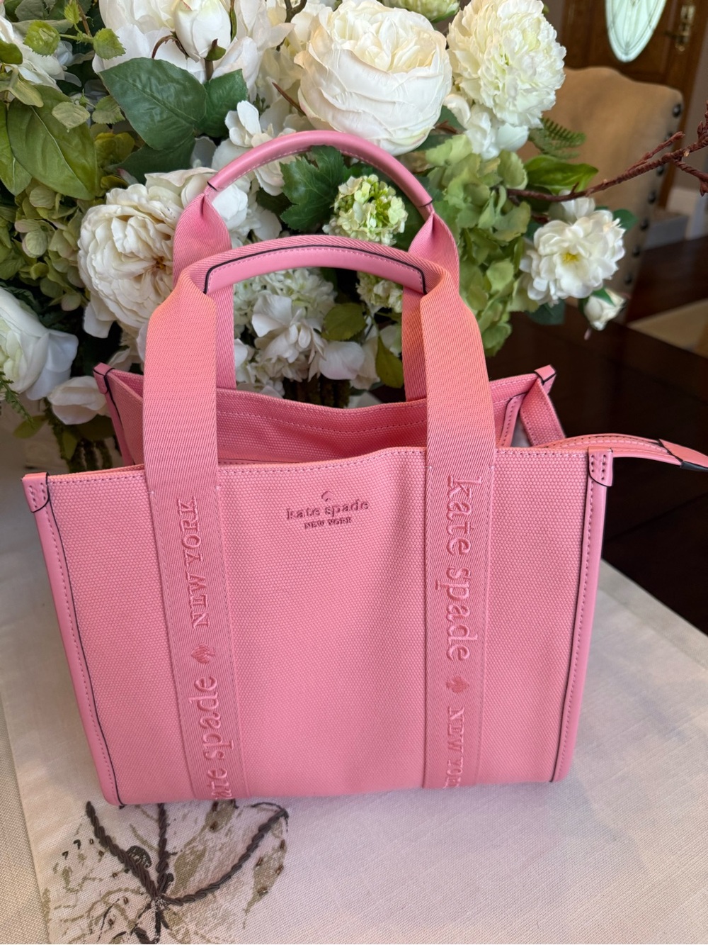 kate spade Pink Canvas Tote with Embossed Strap Branding